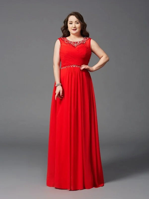 A-Line/Princess Scoop Beading Sleeveless Long Chiffon Plus Size Dresses