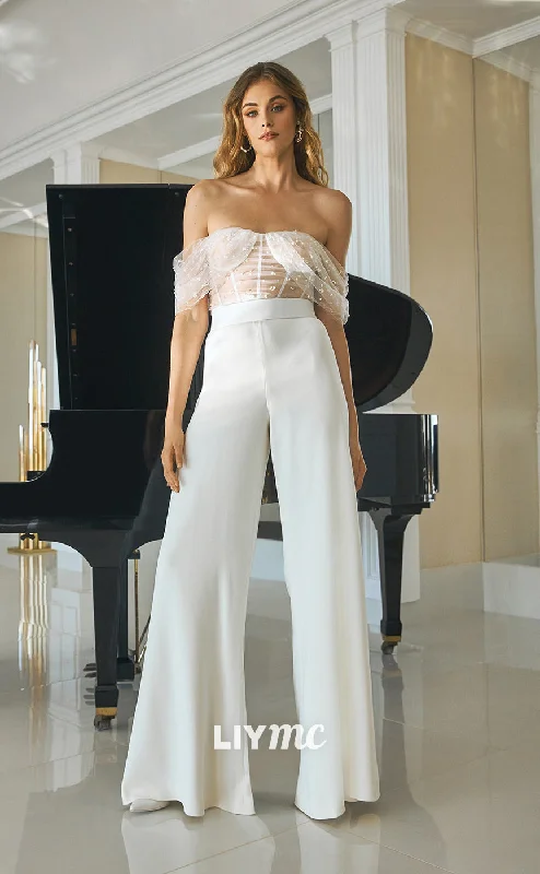 LW310 - Off Shoulder Sheer Beaded Tulle Satin Long Wedding Jumpsuit