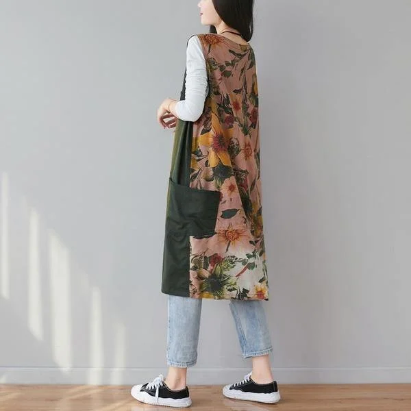 Autumn Fashion Patchwork Floral Print V-neck  Women Vest Coats