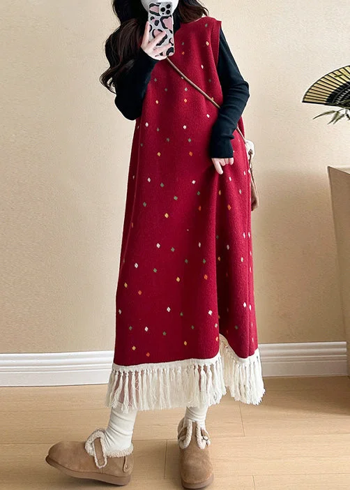 Women Red Tasseled Patchwork Knit Vest Long Dress Sleeveless