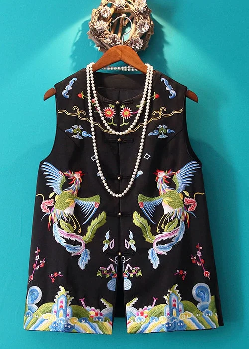 Phoenix Embroidered Retro Waistcoat Button Black Vest