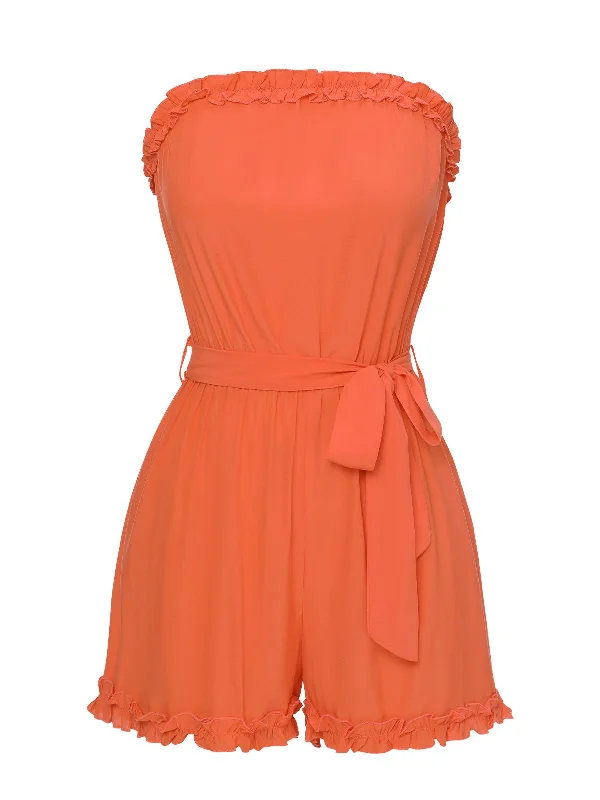 Orange Red 1950s Solid Belt Bandeau Romper