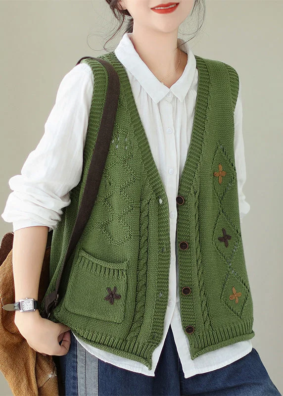 Boutique Green V Neck Embroidered Knit Vest Fall