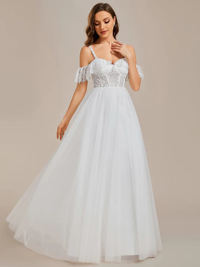 See-Through Lace Bodice Spaghetti Strap Cold Shoulder Tulle Wedding Dress