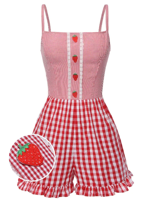 Red 1950s Strawberry Plaid Suspender Romper