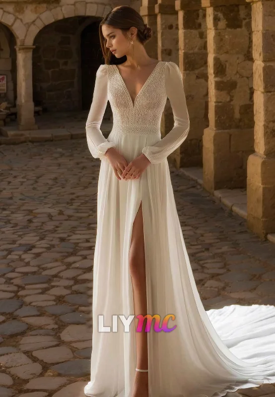 V-Neck Long Sleeves Appliques A-Line Boho Wedding Dress