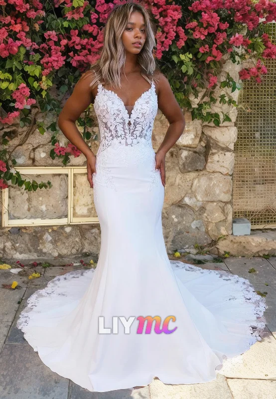 V-Neck Sleeveless Appliques Mermaid Wedding Dress