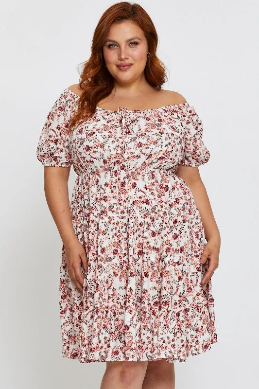 Paisley Pr Skater Dress Off Shoulder Short Sleeve