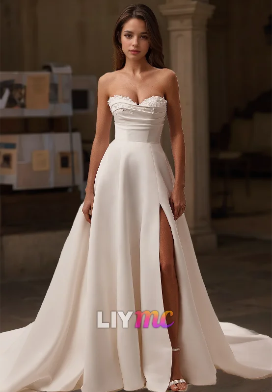 Sweetheart Strapless Pleated Sleek Satin Side Slit A-Line Wedding Dress