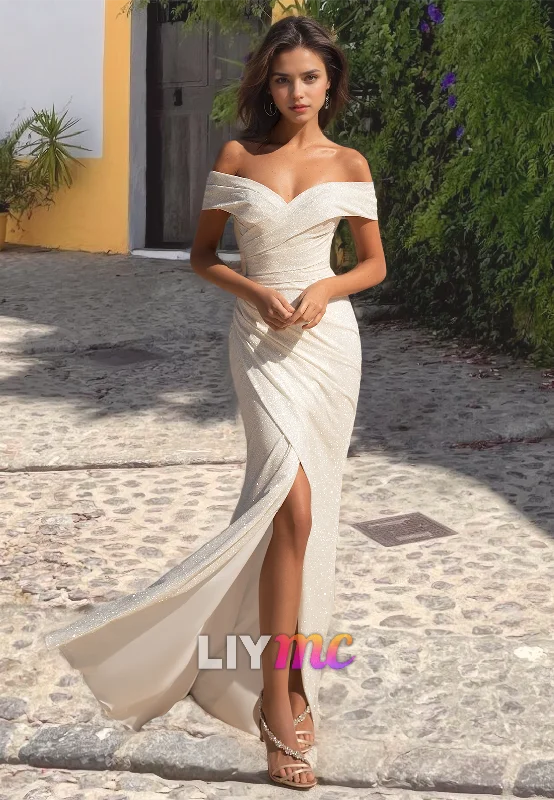 Off-Shoulder Strapless Ruched Side Slit Glitter Sheath Beach Wedding Dress