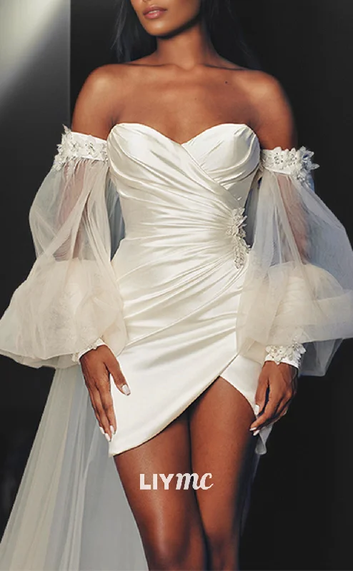 LW931 - Sweetheart Sleeveless Pleated Appliques Satin Short Beach Wedding Dress