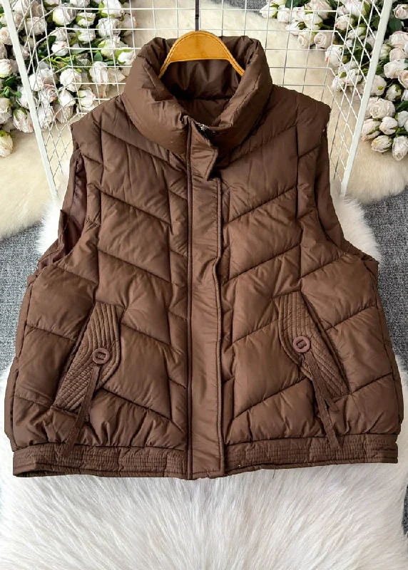 Casual Coffee Stand Collar Pockets Patchwork Parka Waistcoat Winter