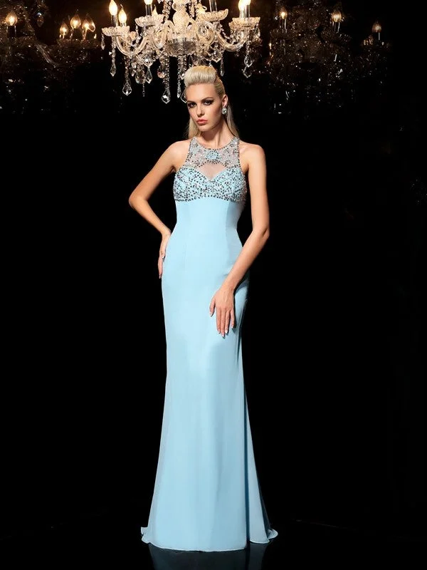 Sheath/Column Sheer Neck Beading Sleeveless Long Chiffon Dresses