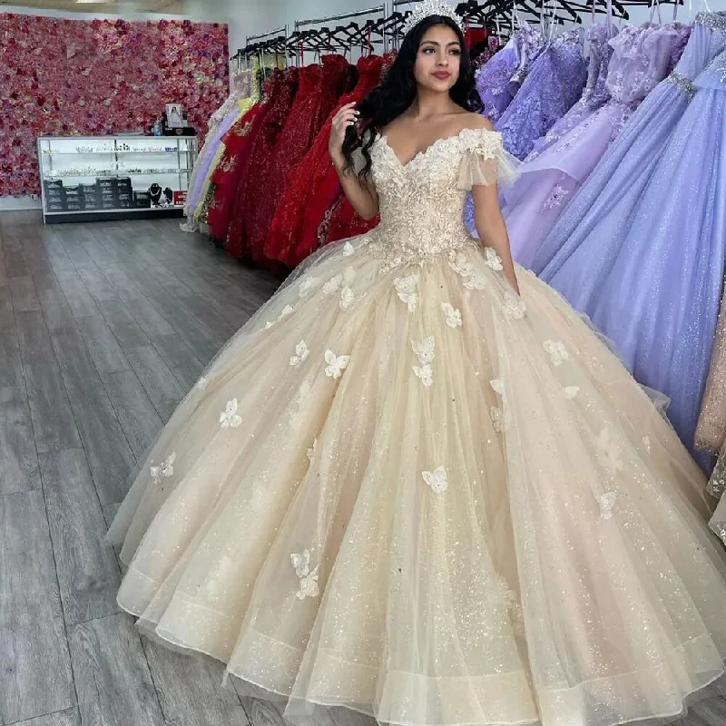 Champagne Golden Quinceanera Dress Sparkling Fabric V Neck Butterfly Long Ball Gown Prom Dress Sequin Tulle Party Gown