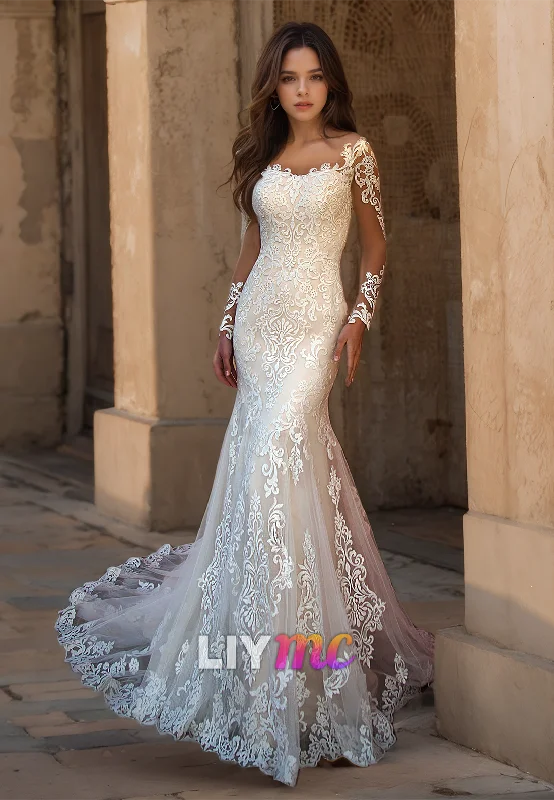 Sweetheart Long Sleeves Lace Appliques Mermaid Wedding Dress