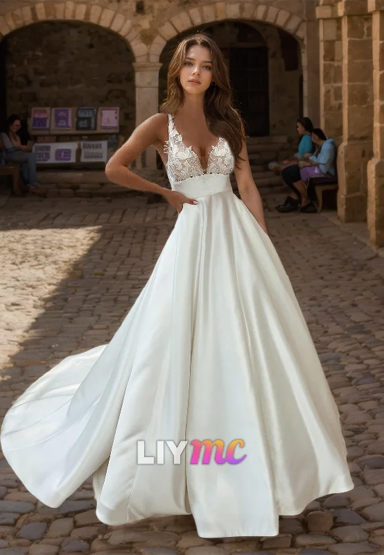 V-Neck Straps Appliques Pleated Satin A-Line Wedding Dress