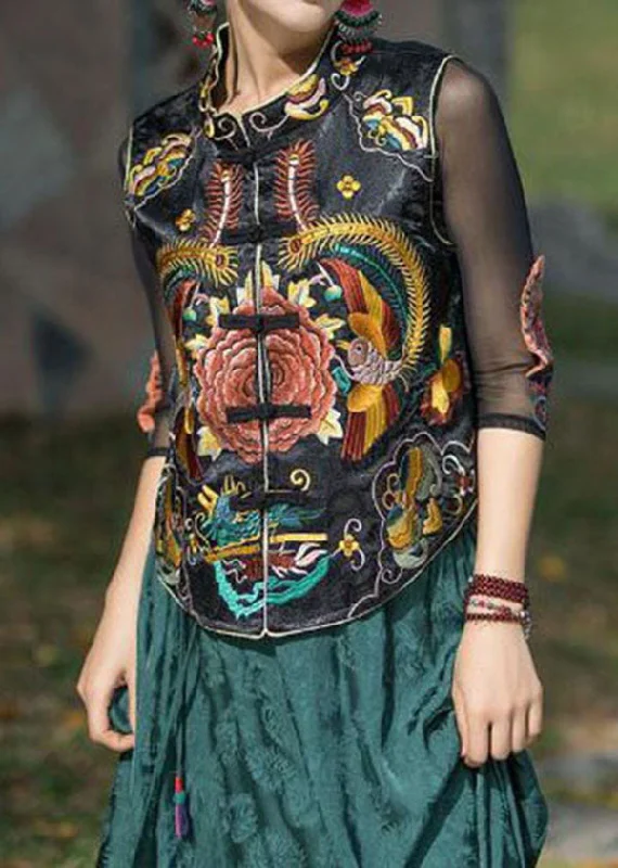 Vintage Black Stand Collar Embroideried Patchwork Silk Vest Sleeveless