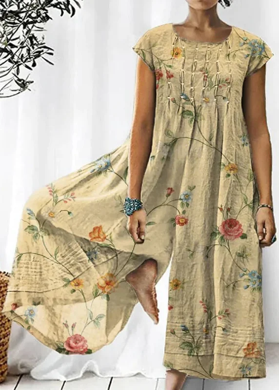 Bohemian Khaki O Neck Print Cotton Jumpsuits Summer