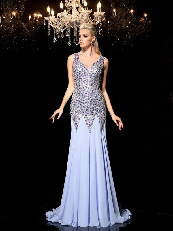 Sheath/Column Straps Rhinestone Sleeveless Long Chiffon Dresses