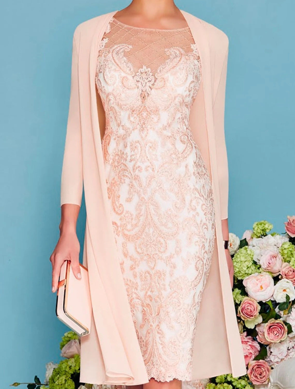 Two Piece Sheath / Column Mother of the Bride Dress Formal Wedding Guest Church Elegant Jewel Neck Knee Length Chiffon Lace 3/4 Length Sleeve Wrap Included Jacket Dresses with Beading Appliques