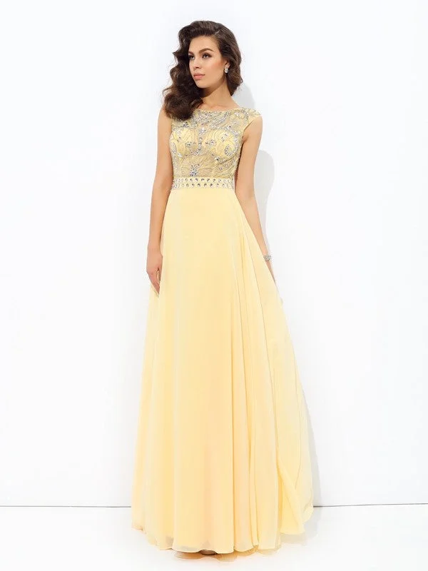 A-line/Princess Bateau Beading Sleeveless Long Chiffon Dresses