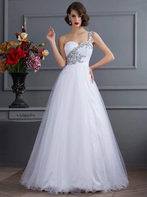 Ball Gown One-Shoulder Sleeveless Beading Long  Woven Satin Quinceanera Dresses