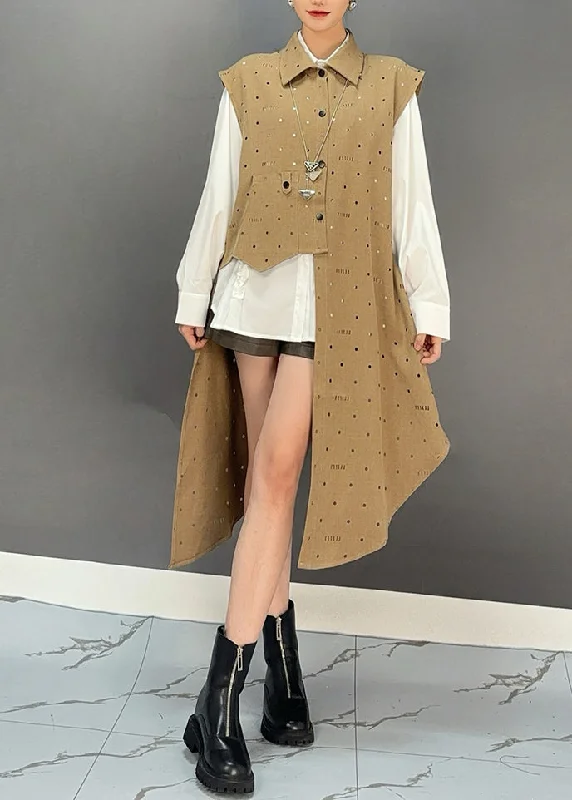 Unique Khaki Asymmetrical Patchwork Graphic Dot Maxi Waistcoat Dresses Spring