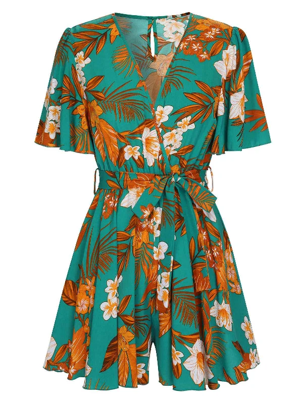 Green 1950s V-Neck Ruffle Sleeves Romper