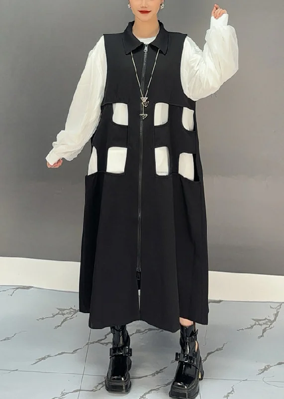 Bohemian Black Zippered Patchwork Hollow Out Long Waistcoat Dress Spring