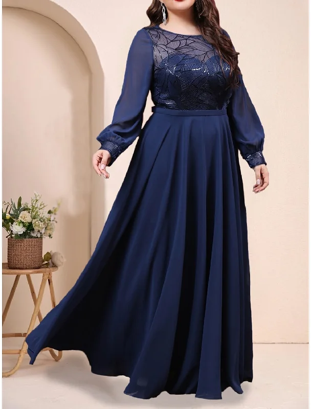 A-Line Plus Size Curve Mother of the Bride Dress Wedding Guest Plus Size Sparkle & Shine Jewel Neck Floor Length Chiffon Long Sleeve with Pleats Sequin