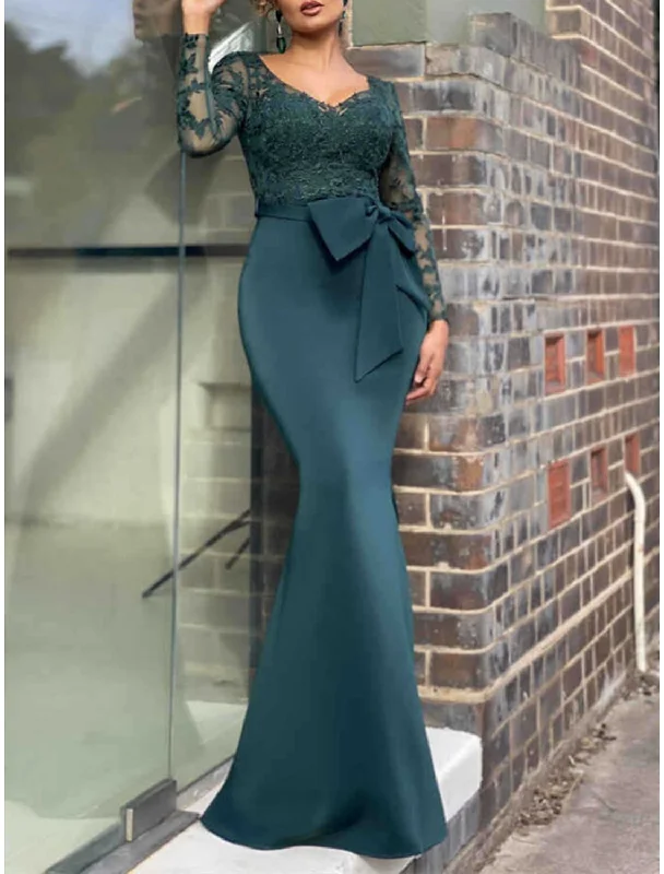 Mermaid / Trumpet Mother of the Bride Dress Wedding Guest Elegant Sexy V Neck Floor Length Lace Stretch Chiffon Long Sleeve with Bow(s) Appliques Fall