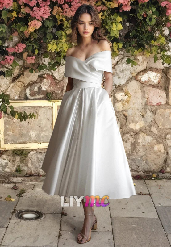 Off-Shoulder Sleeves Sleek Pleated A-Line Beach Wedding Dress