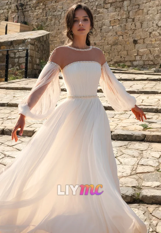 LW086 - A Line Illusion Scoop Long Sleeves Beaded Pleated Tulle Long Wedding Dress