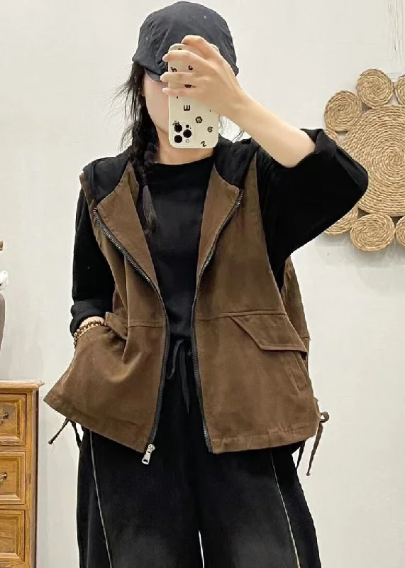 Women Khaki Hooded Zippered Patchwork Denim Vest Sleeveless