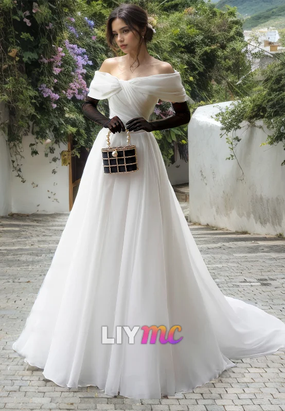 LW904 - Off-Shoulder A-Line Chiffon Sweep Train Ball Gown Wedding Dress