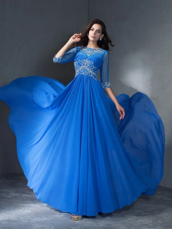 A-Line/Princess Scoop Beading 1/2 Sleeves Long Chiffon Dresses