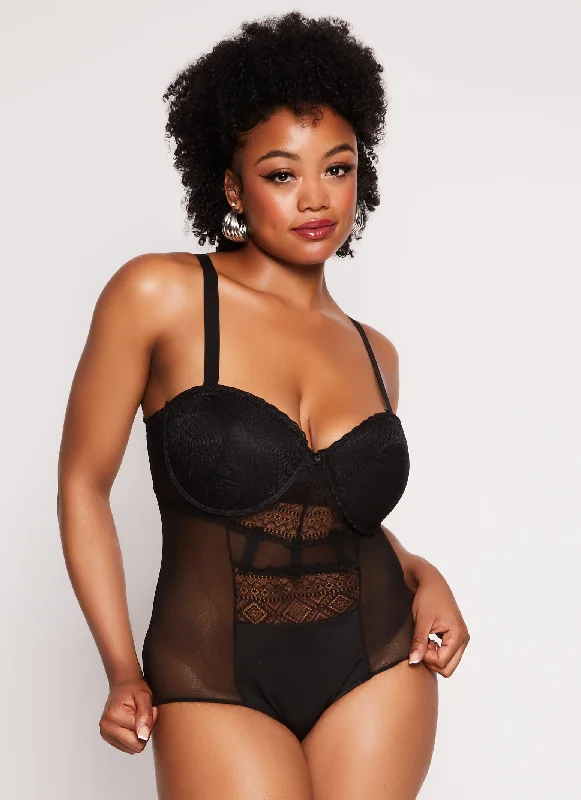 Plus Size Mesh Aztec Lace Bustier Bodysuit