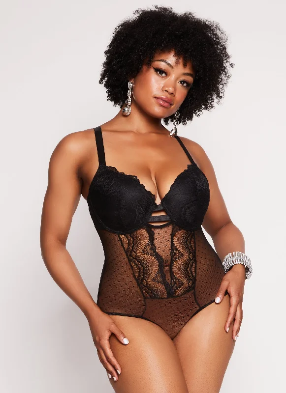 Plus Size Swiss Dot Lace Detail Bodysuit