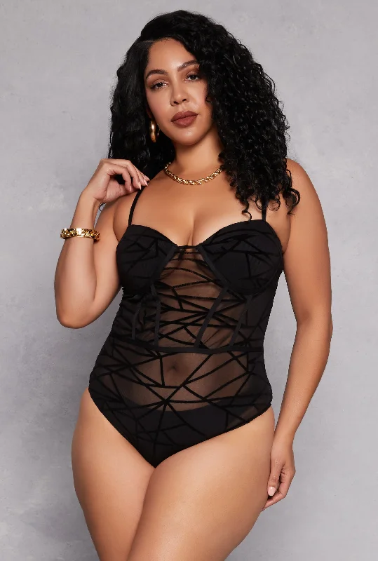 Plus Size Velvet Burnout Patterned Bustier Bodysuit