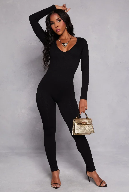 Ribbed Knit Lace Up V Back Catsuit