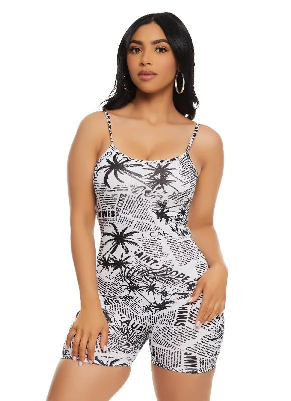 Newspaper Print Scoop Neck Romper