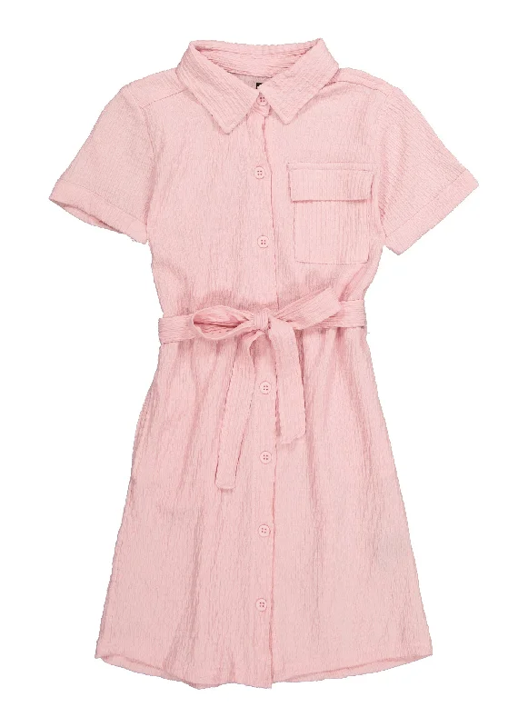 Girls Textured Knit Tie Waist Belted Shirt Dress