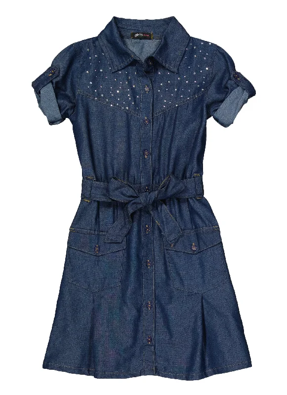 Girls Rhinestone Tie Waist Denim Shirt Dress