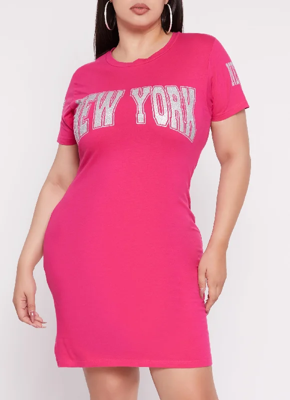 Plus Size Glitter New York Graphic T Shirt Dress