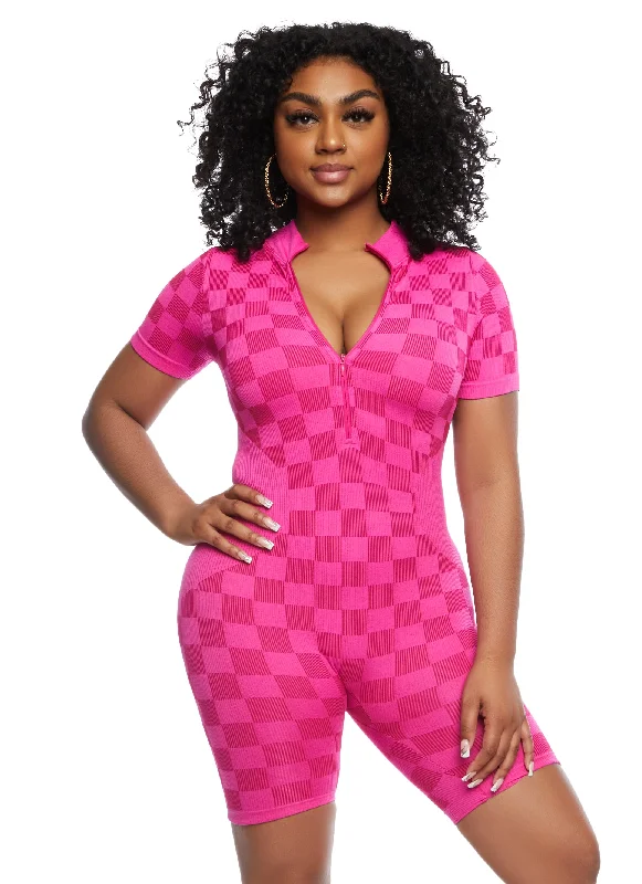 Seamless Checkered Half Zip Romper