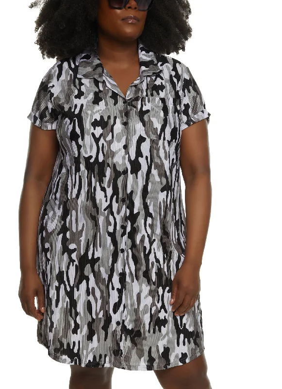 Plus Size Camo Plisse Shirt Dress