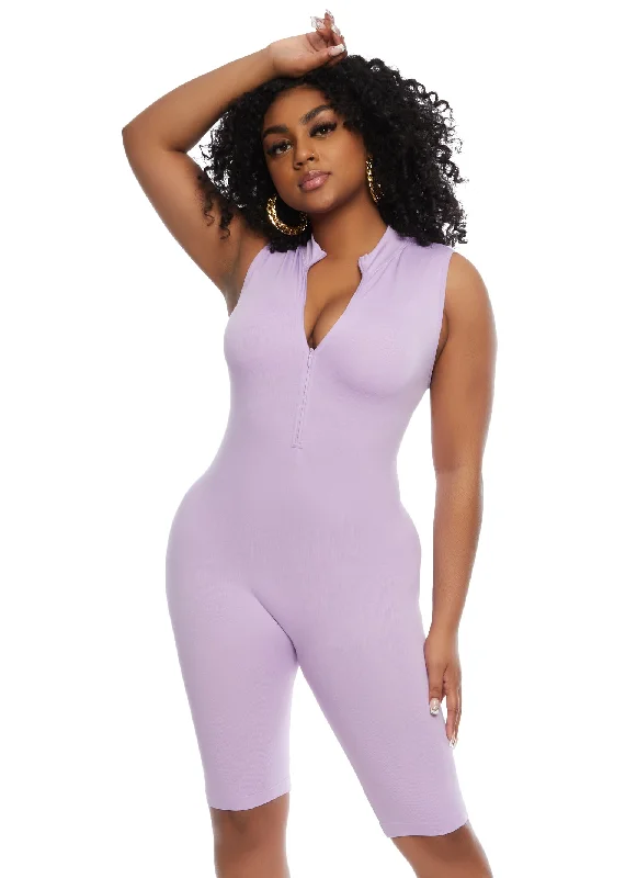 Seamless Ribbed Zip Front Romper