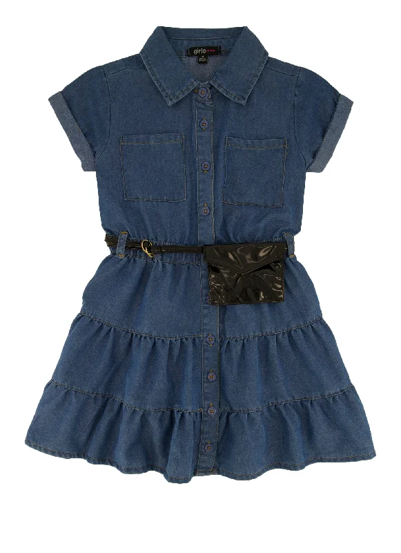 Little Girls Denim Tiered Button Front Shirt Dress with Purse