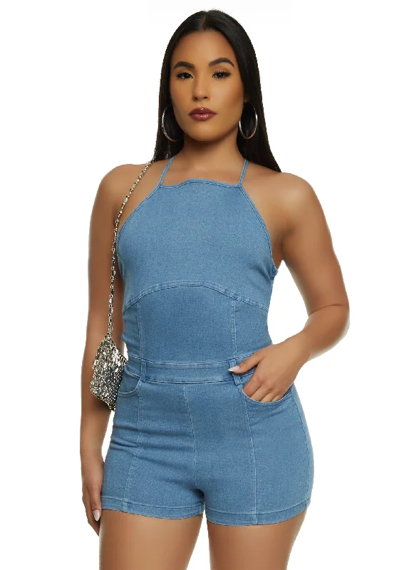 Sleeveless Halter Denim Romper