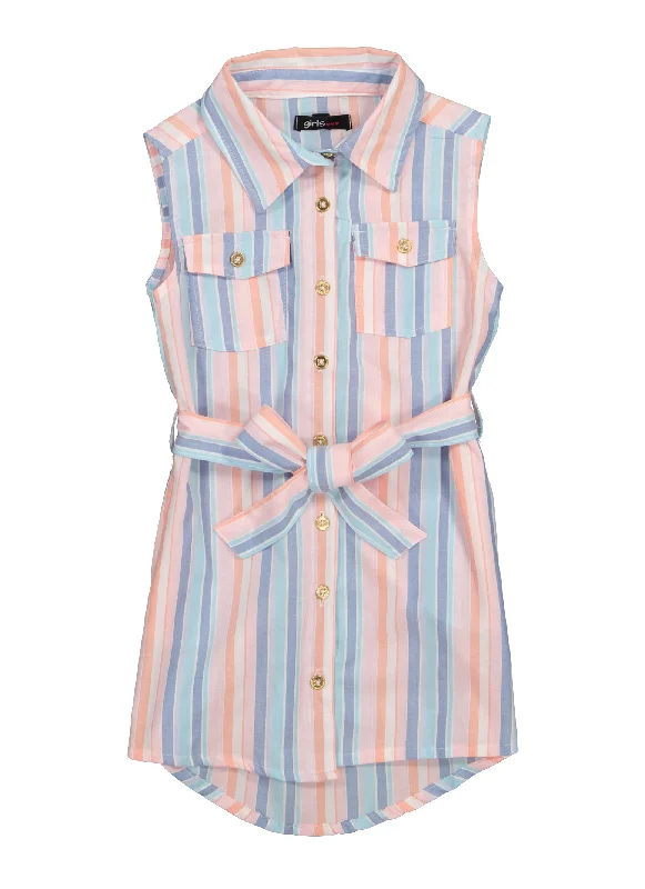 Little Girls Striped Tie Waist Shirt Dress